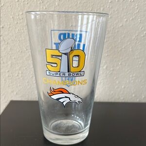 Denver Broncos beer glass commemorating the 50th Super Bowl Champions